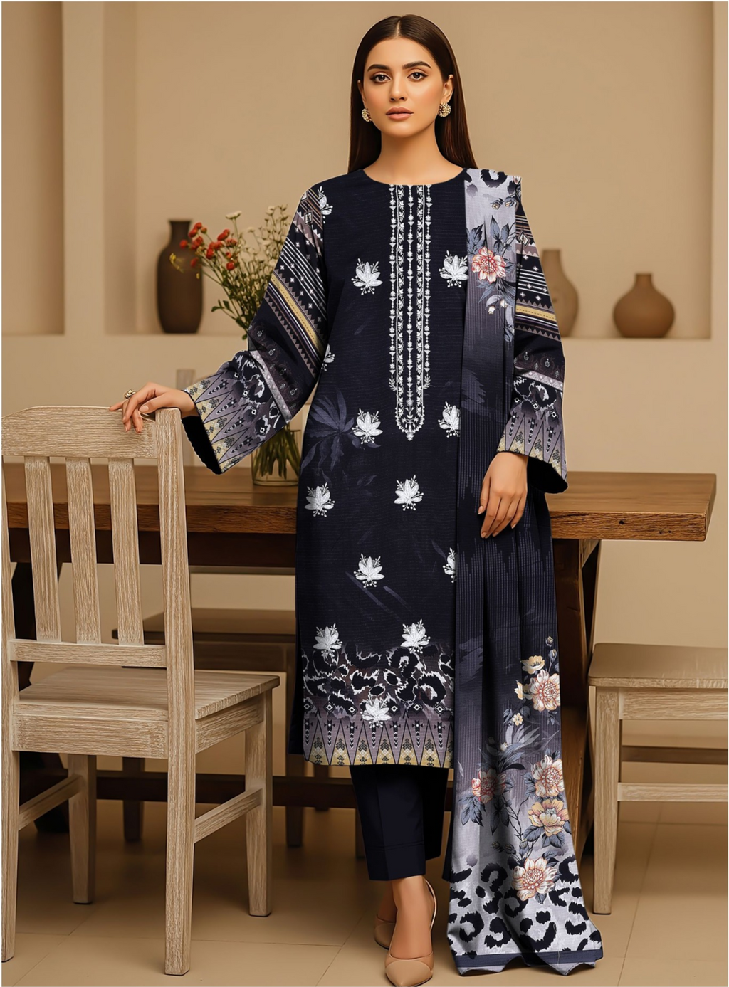 Premium Doriya Viscose 3PC Unstitched Suit – Digital Printed & Embroidered