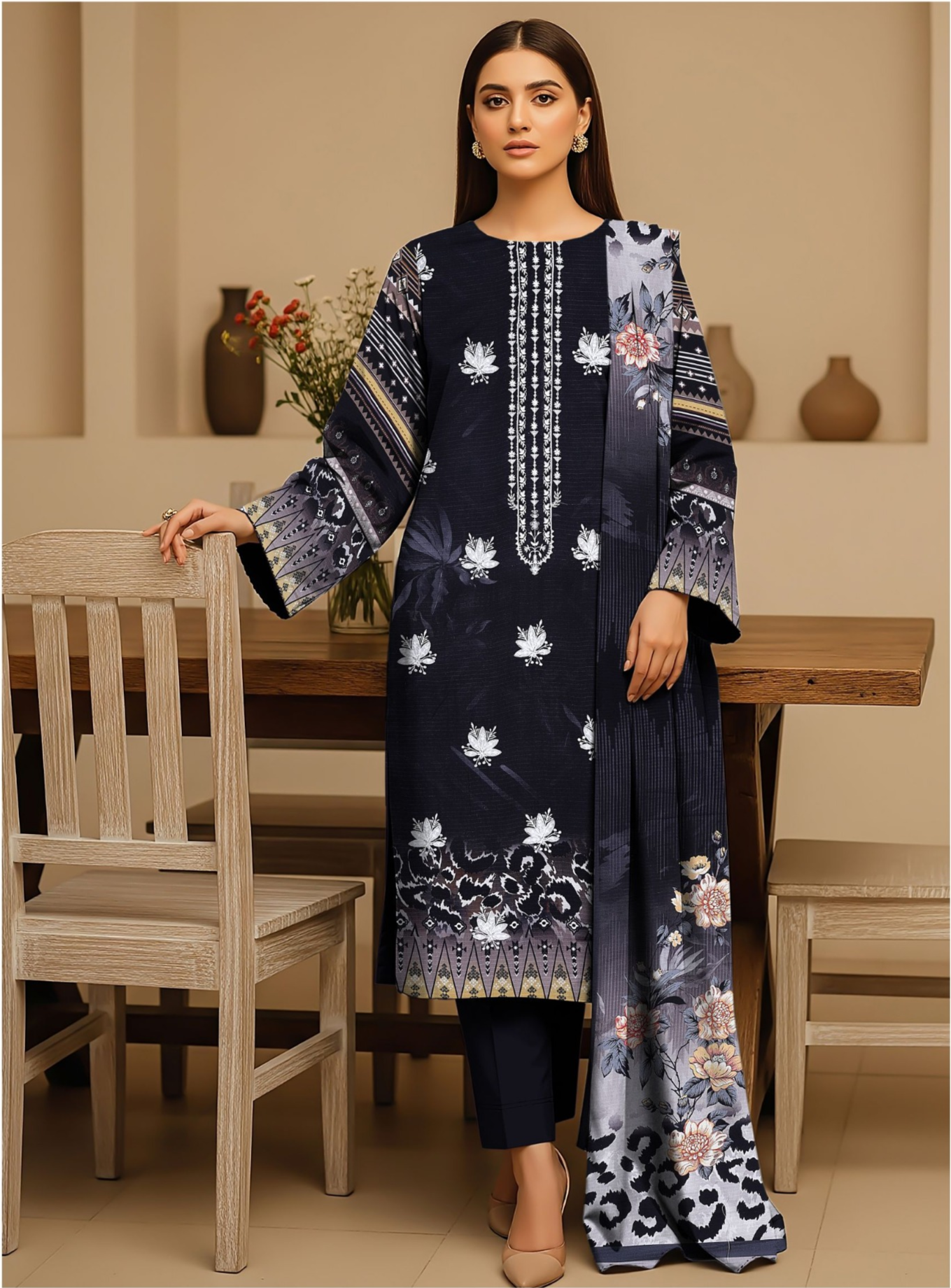 Premium Doriya Viscose 3PC Unstitched Suit – Digital Printed & Embroidered