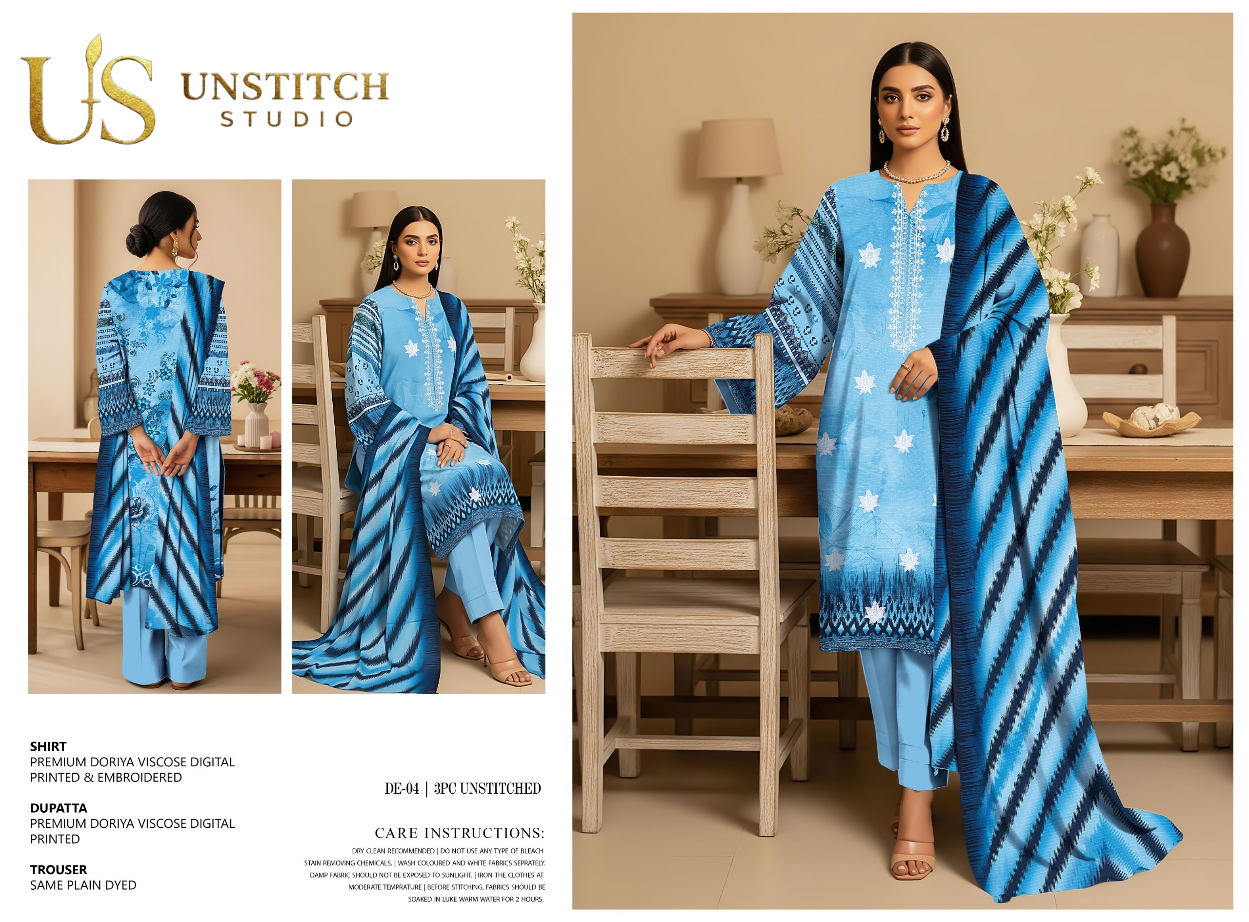 Premium Doriya Viscose 3PC Unstitched Suit – Digital Printed & Embroidered