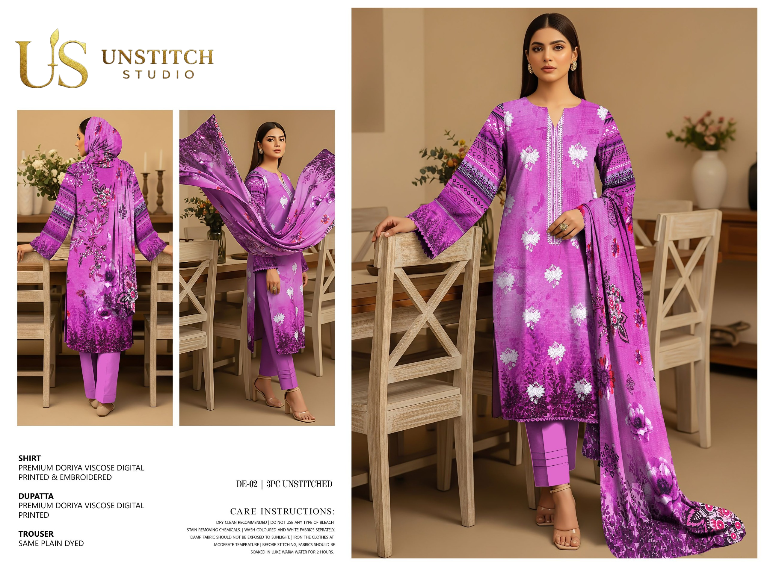 Premium Doriya Viscose 3PC Unstitched Suit – Digital Printed & Embroidered