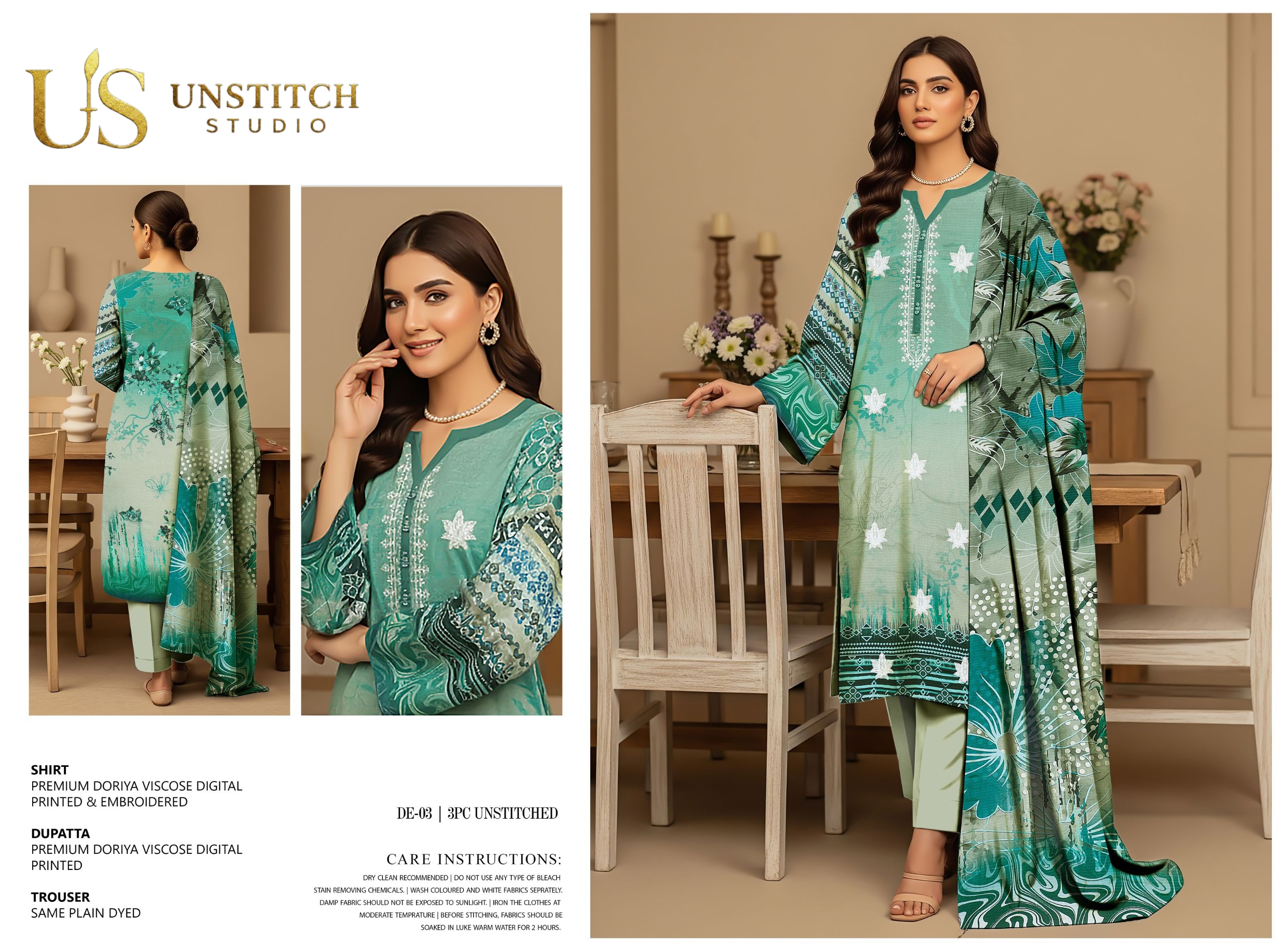 Premium Doriya Viscose 3PC Unstitched Suit – Digital Printed & Embroidered