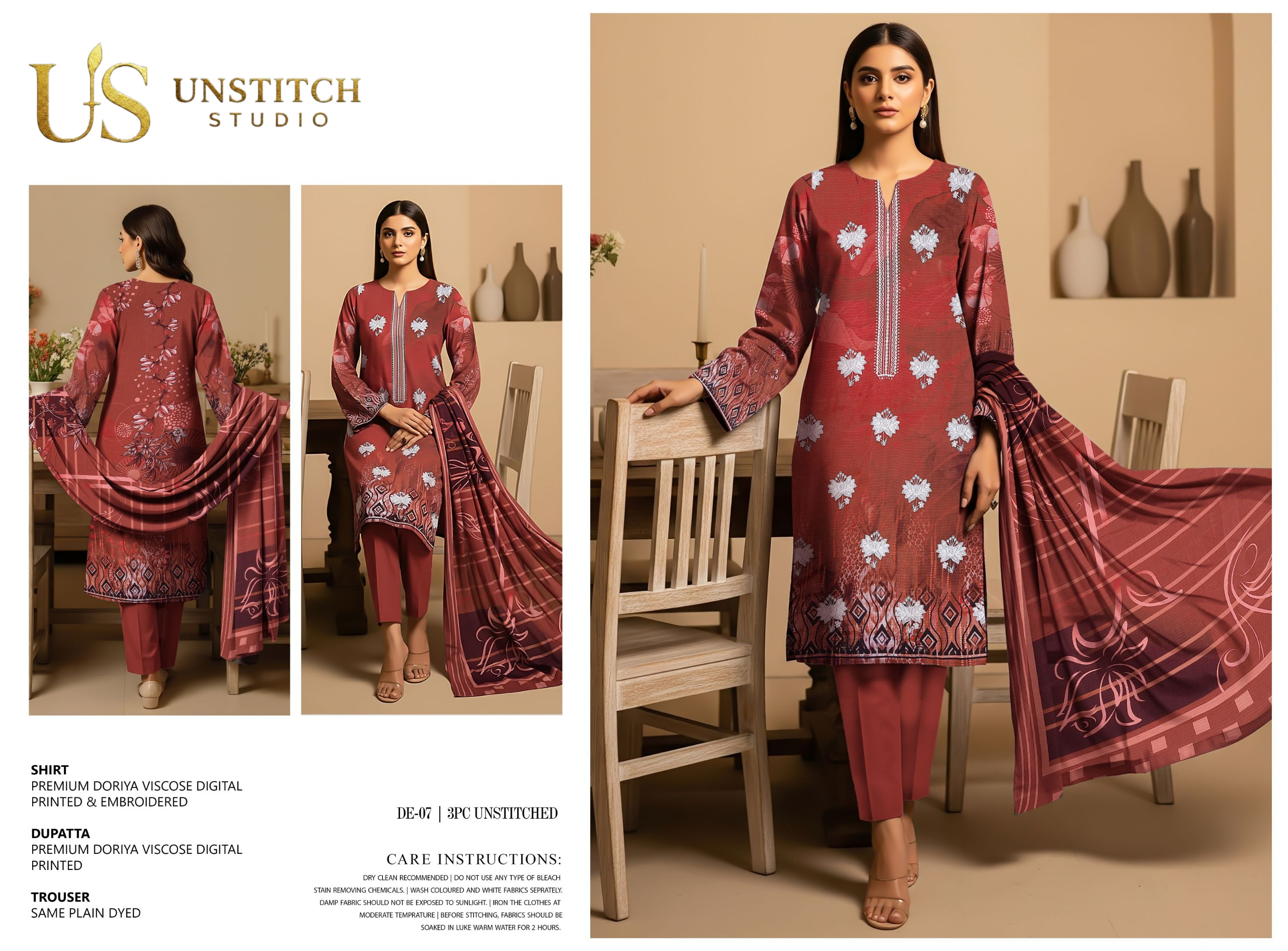 Premium Doriya Viscose 3PC Unstitched Suit – Digital Printed & Embroidered