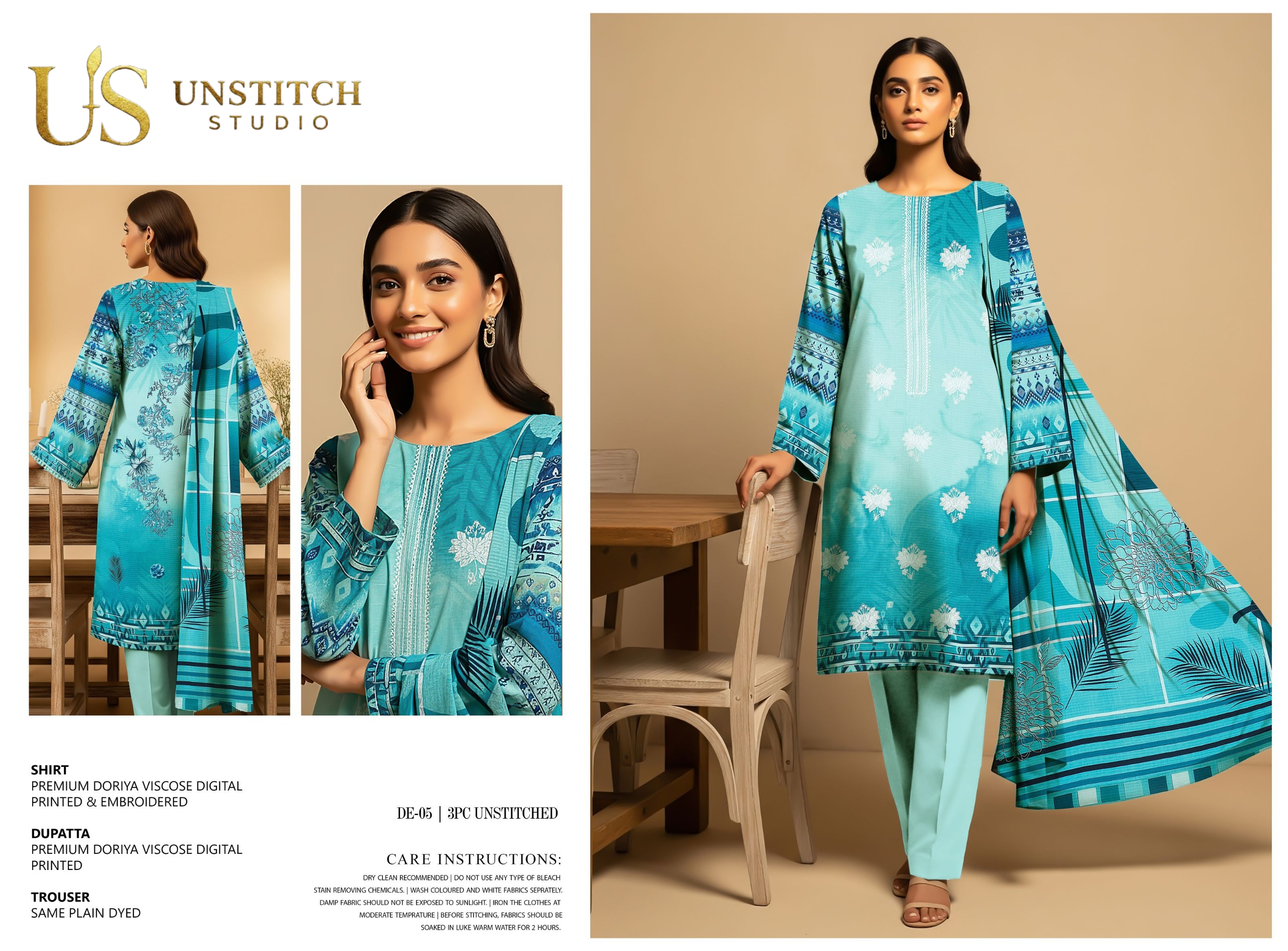 Premium Doriya Viscose 3PC Unstitched Suit – Digital Printed & Embroidered