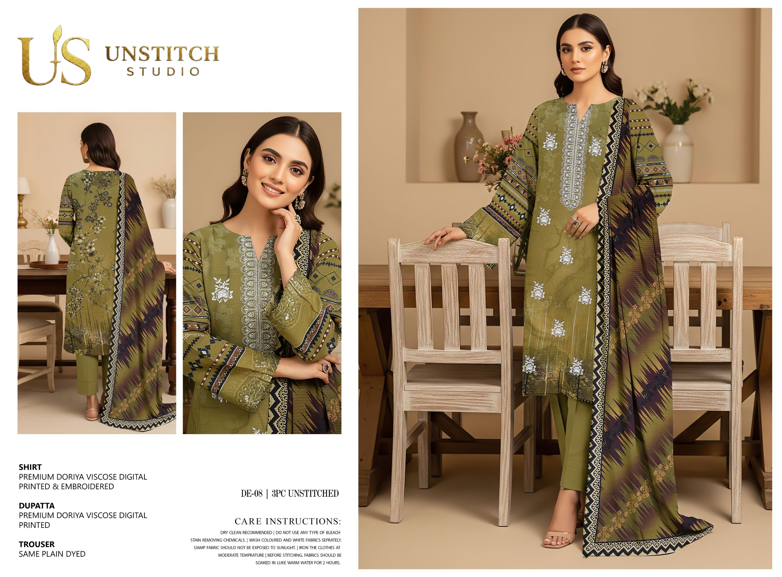 Premium Doriya Viscose 3PC Unstitched Suit – Digital Printed & Embroidered