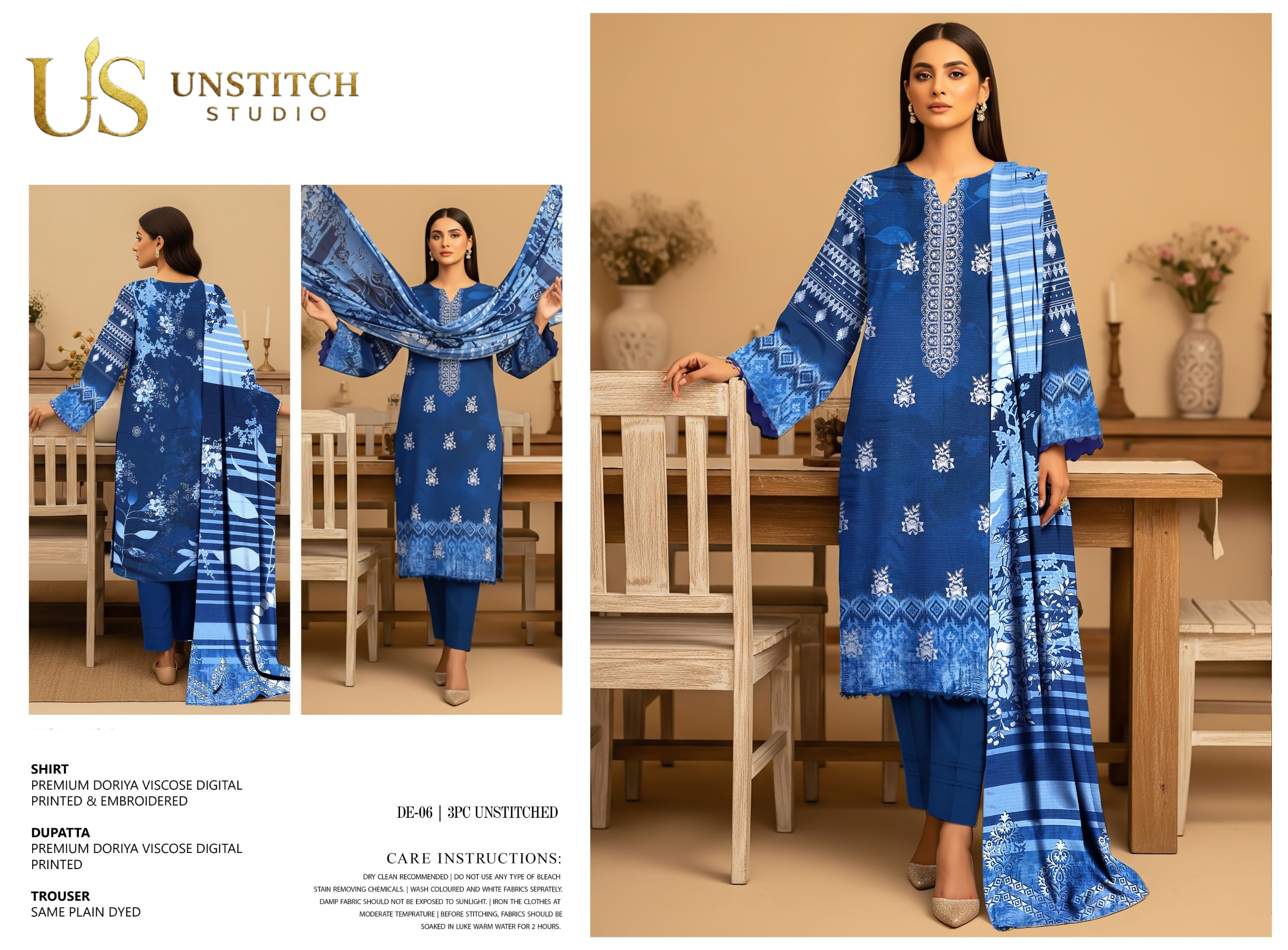 Premium Doriya Viscose 3PC Unstitched Suit – Digital Printed & Embroidered